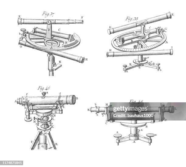graphometer, theodolite, compass and leveling telescope, mathematical and surveying instruments engraving antique illustration, published 1851 - table perspective stock illustrations