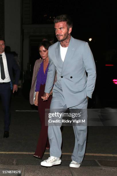 Victoria and David Beckham seen attending Victoria Beckham - dinner at Harry's bar during LFW September 2019 on September 15, 2019 in London, England.