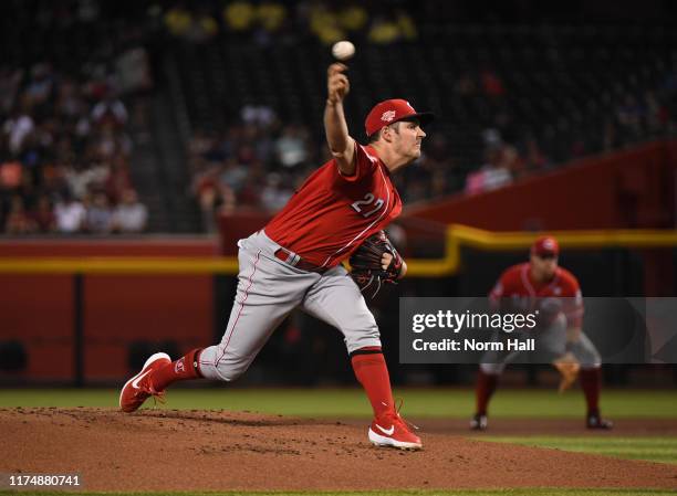 Trevor Bauer of the Cincinnati Reds delivers a first inning pitch against the Arizona Diamondbacks at Chase Field on September 15, 2019 in Phoenix,...