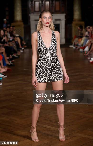 Model walks the runway at the AADNEVIK show during London Fashion Week September 2019 at The Royal Horseguards on September 15, 2019 in London,...