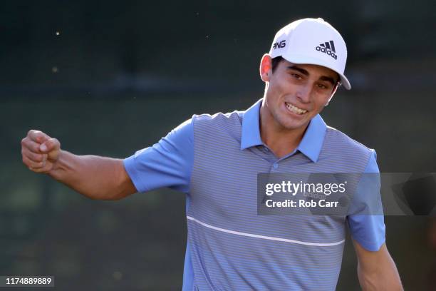 Joaquin Niemann of the Chile celebrates on the 18th green after winning A Military Tribute at The Greenbrier held at the Old White TPC course on...