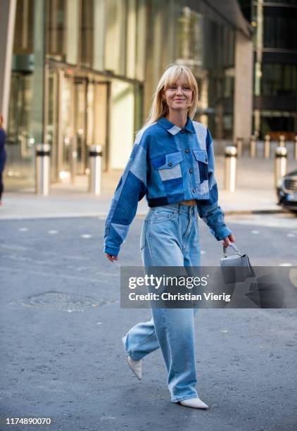 Jeanette Friis Madsen is seen wearing denim jeans, checkered cropped jacket outside David Koma during London Fashion Week September 2019 on September...