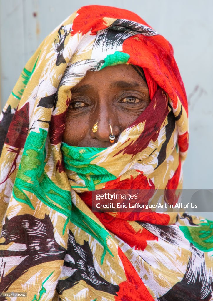 Eritrean woman with a veil and nose ring, Semien-Keih-Bahri, Keren, Eritrea...