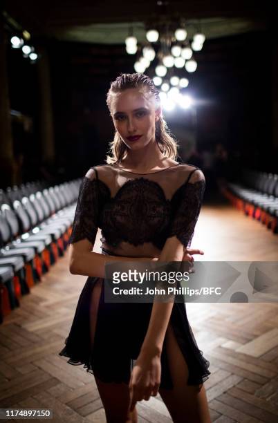 Backstage at the AADNEVIK show during London Fashion Week September 2019 at The Royal Horseguards on September 15, 2019 in London, England.