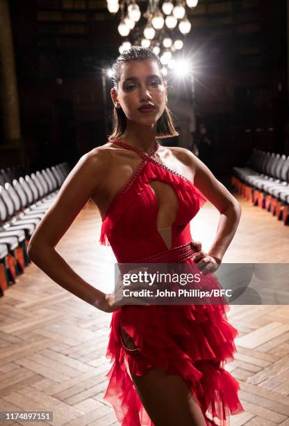 Backstage at the AADNEVIK show during London Fashion Week September 2019 at The Royal Horseguards on September 15, 2019 in London, England.