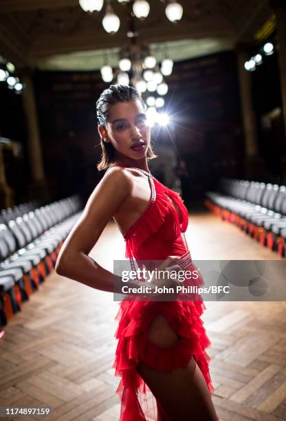 Backstage at the AADNEVIK show during London Fashion Week September 2019 at The Royal Horseguards on September 15, 2019 in London, England.