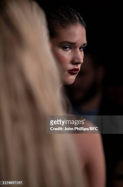 Model backstage at the AADNEVIK show during London Fashion Week September 2019 at The Royal Horseguards on September 15, 2019 in London, England.