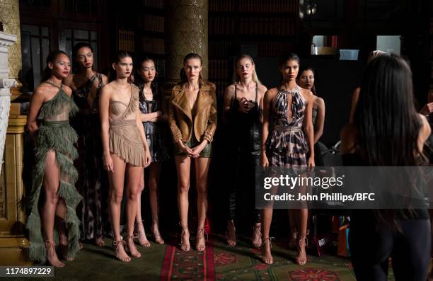 Models backstage at the AADNEVIK show during London Fashion Week September 2019 at The Royal Horseguards on September 15, 2019 in London, England.