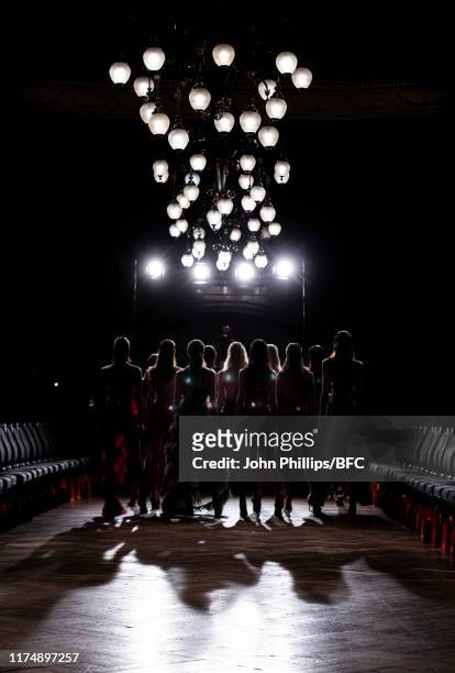Models backstage at the AADNEVIK show during London Fashion Week September 2019 at The Royal Horseguards on September 15, 2019 in London, England.