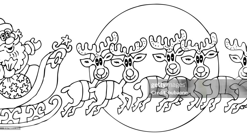 Illustrated Coloring Book Page of a Christmas Scene with Santa Claus and his Reindeer