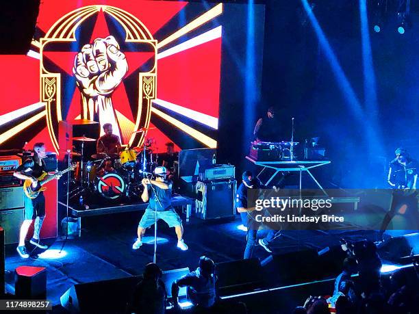 Tim Commerford, Brad Wilk, Chuck D, B-Real, Tom Morello, and DJ Lord perform in Prophets of Rage at The Mayan Theater on September 11, 2019 in...