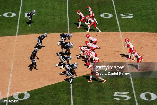 The Kansas City Chiefs line up against the Oakland Raiders during the second half at RingCentral Coliseum on September 15, 2019 in Oakland,...