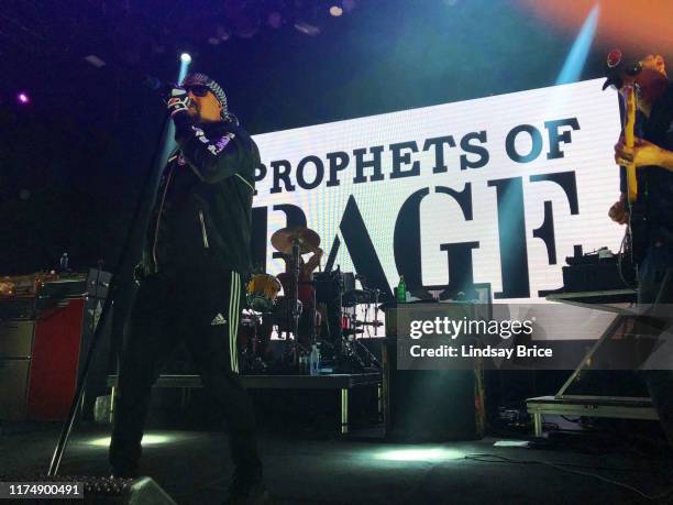 Real,Tom Morello and Brad Wilk perform with Tim Commerford, Chuck D, and DJ Lord in Prophets of Rage at The Mayan Theater on September 11, 2019 in...