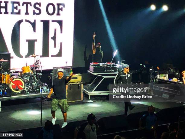 Chuck D, B-Real, and DJ Lord rap in Prophets of Rage at The Mayan Theater on September 11, 2019 in downtown Los Angeles. (Photo by Lindsay...