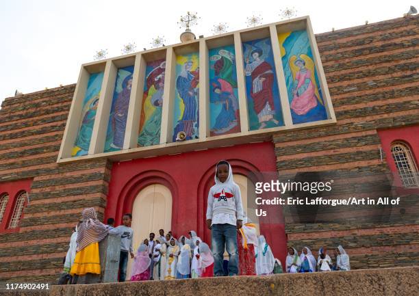 Eritrean people at enda mariam orthodox cathedral, Central region, Asmara, Eritrea on August 18, 2019 in Asmara, Eritrea.