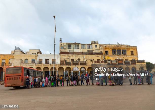 Eritrean people queueing to take the bus, Central region, Asmara, Eritrea on August 17, 2019 in Asmara, Eritrea.