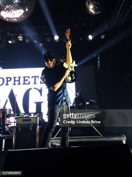 Tom Morello performs with Tim Commerford, Brad Wilk, B-Real, Chuck D, and DJ Lord in Prophets of Rage at The Mayan Theater on September 11, 2019 in...