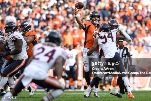 Joe Flacco of the Denver Broncos throws against the Chicago Bears during the second half of Chicaco's 16-14 win on Sunday, September 15, 2019.