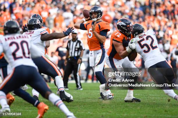 Joe Flacco of the Denver Broncos throws against the Chicago Bears during the second half of Chicaco's 16-14 win on Sunday, September 15, 2019.