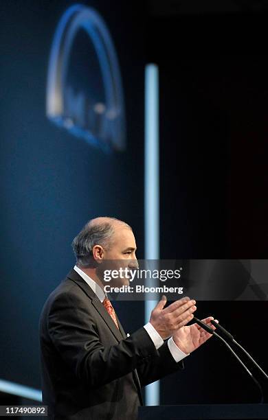 Georg Pachta-Reyhofen, chief executive officer of MAN SE, gestures as he speaks during the company's annual shareholders meeting in Munich, Germany,...