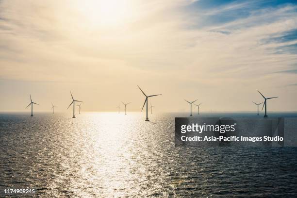wind turbines on the ocean. - pacific ocean imagens e fotografias de stock