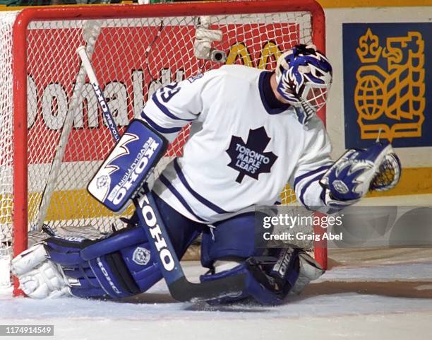Felix Potvin of the Toronto Maple Leafs skates against the St. Louis Blues during the quarter finals of the1995-1996 NHL Playoffs at Maple Leaf...