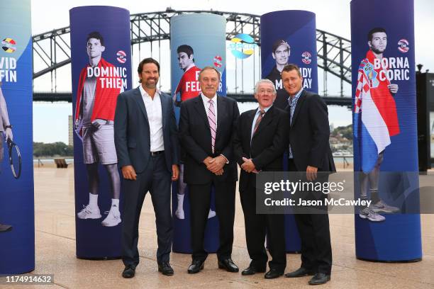 Pat Rafter, John Newcombe, Ken Rosewall and Lleyton Hewitt pose during the 2020 ATP Cup Draw at The Sydney Opera House on September 16, 2019 in...