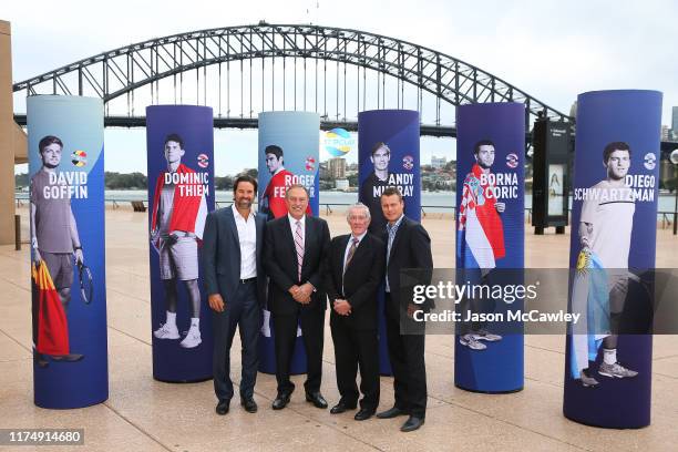 Pat Rafter, John Newcombe, Ken Rosewall and Lleyton Hewitt pose during the 2020 ATP Cup Draw at The Sydney Opera House on September 16, 2019 in...