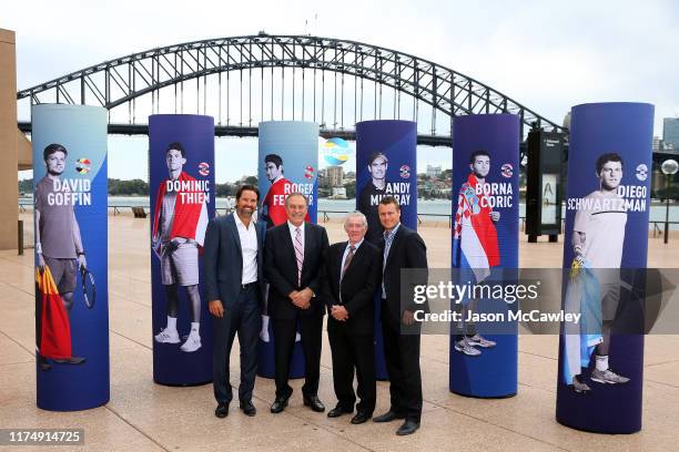 Pat Rafter, John Newcombe, Ken Rosewall and Lleyton Hewitt pose during the 2020 ATP Cup Draw at The Sydney Opera House on September 16, 2019 in...