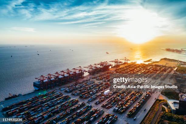 aerial view of yangshan harbor, shanghai, china. - shipping docks stock pictures, royalty-free photos & images