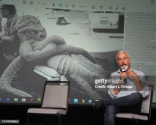 Rick Baker on stage promotes his book during The Son Of Monsterpalooza Convention at The Marriott Burbank Convention Center on September 14, 2019 in...