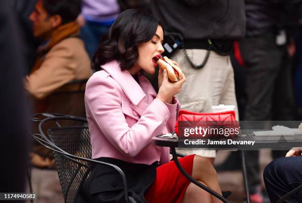 Lucy Hale seen on location for 'Katy Keene' on the streets of Manhattan on October 9, 2019 in New York City.