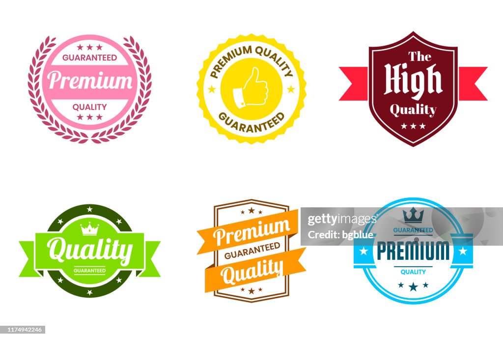 Set van "kwaliteit" kleurrijke badges en etiketten-design elementen