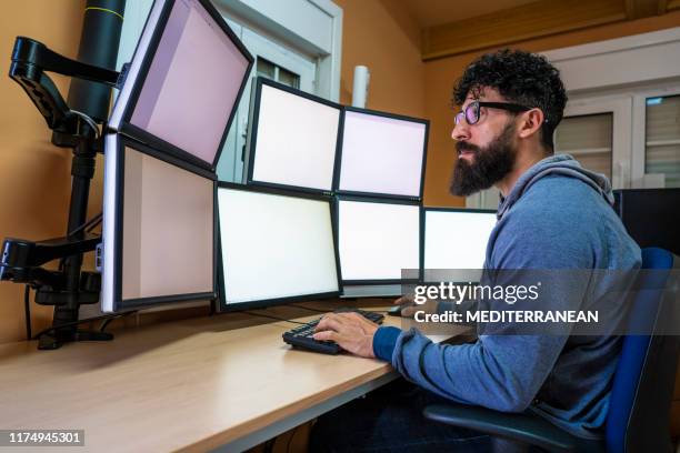 astronomer in control panel room screen - multiple screens stock pictures, royalty-free photos & images