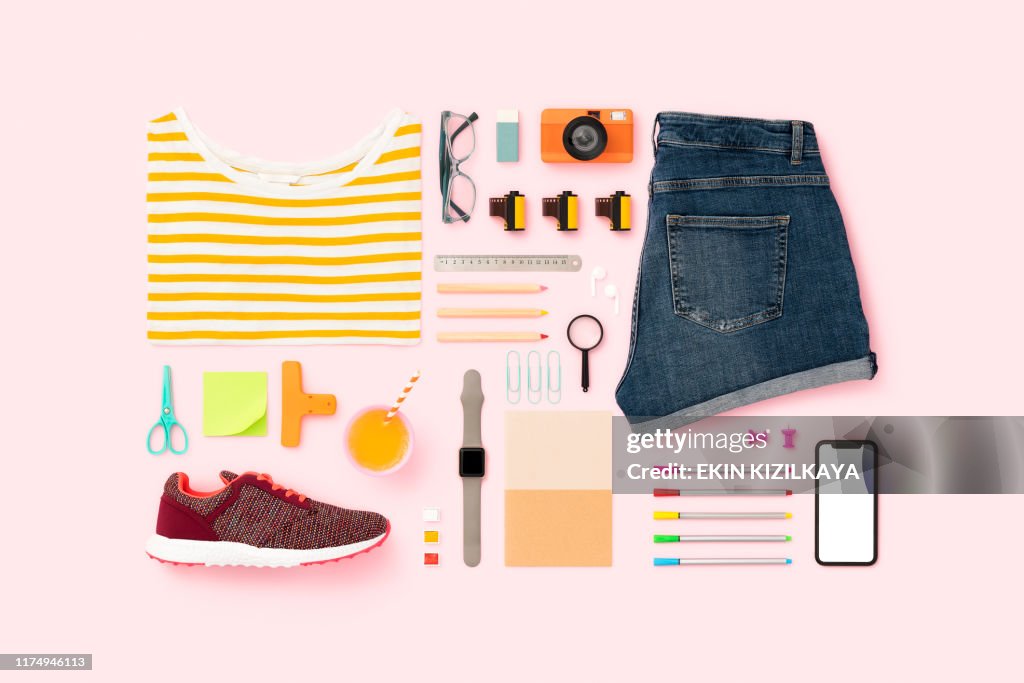 Back to school flat lay on pink background