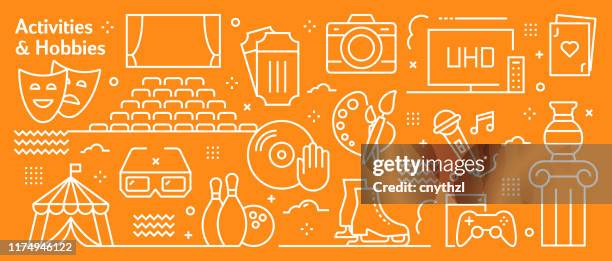 illustrazioni stock, clip art, cartoni animati e icone di tendenza di vector activities e hobby banner design in stile lineare alla moda. modello astratto stile line art per pagina web, banner, presentazione - statua di belle arti