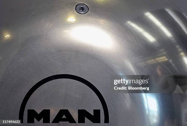 The logo of MAN SE is seen on a section of an Alpha Controllable Pitch propeller, during the company's annual shareholders meeting in Munich,...