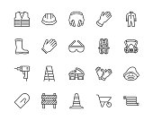 Safety equipment, required PPE flat line icons set. Protective gloves builder helmet respirator, harness vector illustrations. Outline signs personal protection. Pixel perfect 64x64. Editable Strokes