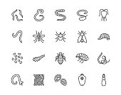 Parasites flat line icons set. Intestinal worm, helminth, sandfly, tick, dog flea, leech, qiardia, dengue mosquito illustrations. Outline signs for parasitology. Pixel perfect 64x64. Editable Strokes