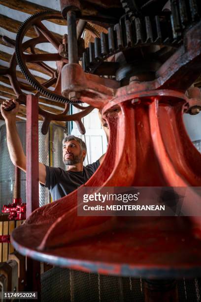 cellar manual press worker adjusting - wooden wine press stock pictures, royalty-free photos & images