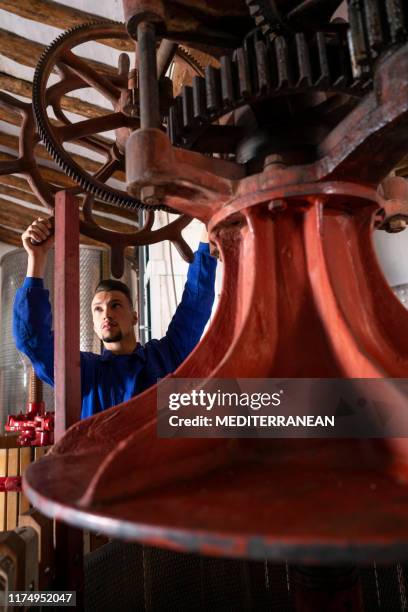 cellar manual press worker adjusting - wooden wine press stock pictures, royalty-free photos & images