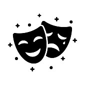 Comedy and tragedy masks. Black icon funny and sad mask, cartoon style.