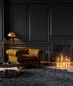 Black classic interior with armchair, moldings, fireplace, candle, floor lamp, carpet and table. 3d render illustration mockup.