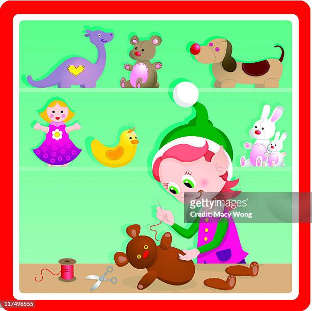 ilustraciones, imágenes clip art, dibujos animados e iconos de stock de linda la fábrica de juguetes de navidad muñeco cafetera elf - coser