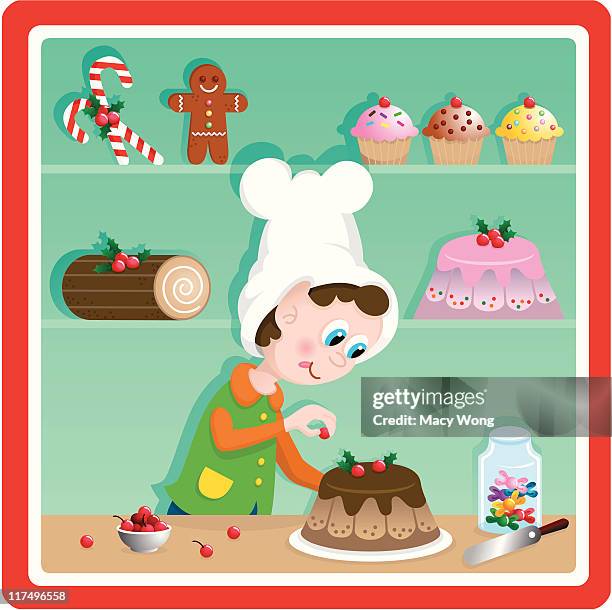 cute christmas toy factory baker elf - yule log cake stock illustrations