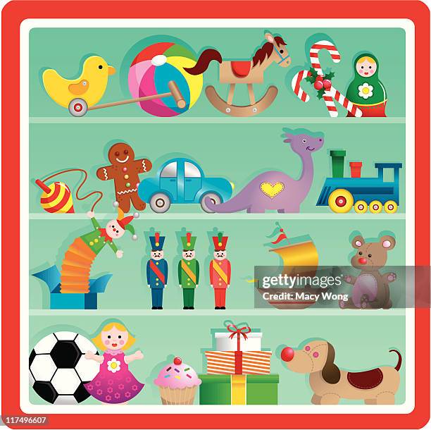 süße weihnachten spielzeug shop-regal - spielzeugauto stock-grafiken, -clipart, -cartoons und -symbole