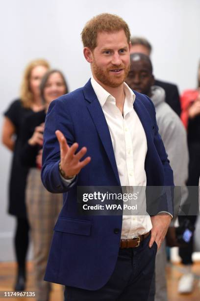 Prince Harry, Duke of Sussex talks at the Community Recording Studio in Nottingham during his visit to mark World Mental Health Day on October 10,...