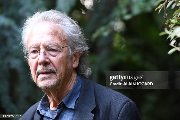 Austrian writer Peter Handke poses in Chaville, in the Paris surburbs, on October 10, 2019 after he was awarded with the 2019 Nobel Literature Prize....