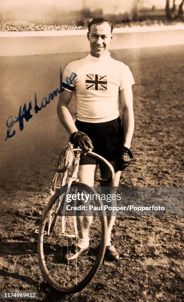 Vintage postcard featuring Ernest Chambers who won silver medals for Great Britain in the 2000 metres tandem track cycling event during the Summer...