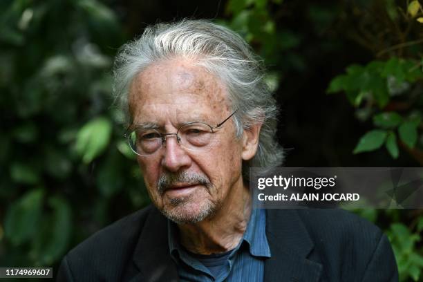 Austrian writer Peter Handke poses in Chaville, in the Paris surburbs, on October 10, 2019 after he was awarded with the 2019 Nobel Literature Prize....